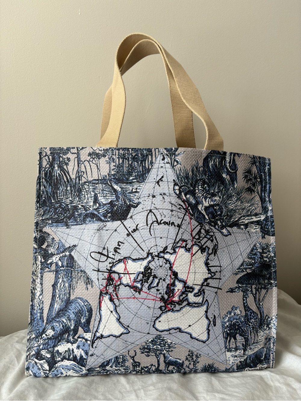 Dior Beige Canvas Tote with Navy Star Map and Red Accents